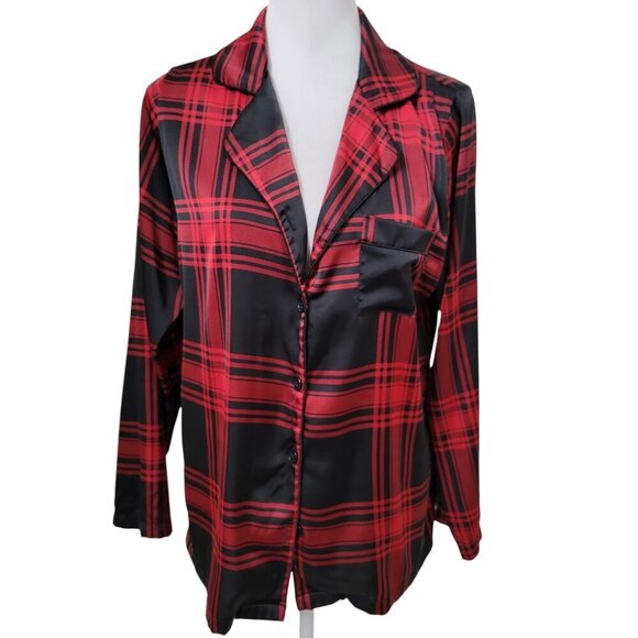 House of Harlow 1960 Other - House of Harlow 1960 Size M Black & Red Plaid Silky Button Up Sleep Shirt, EUC